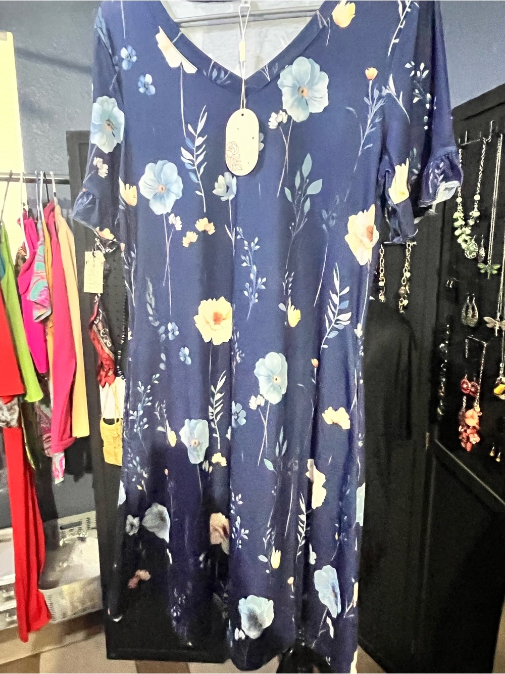 Amazon Navy Floral V-Neck Midi Dress with Blue & Yellow Blooms